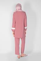 Tesettür giyim PUDRA YAKASI FIRFIRLI İKİLİ PANTOLONLU TAKIM 7366