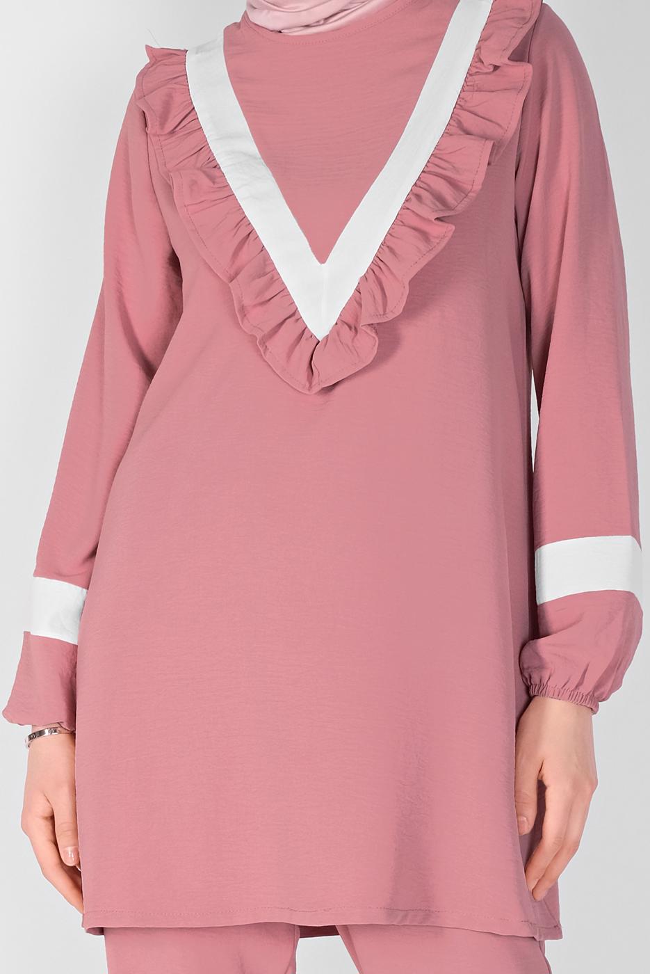 Tesettür giyim PUDRA YAKASI FIRFIRLI İKİLİ PANTOLONLU TAKIM 7366