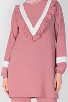 Tesettür giyim PUDRA YAKASI FIRFIRLI İKİLİ PANTOLONLU TAKIM 7366