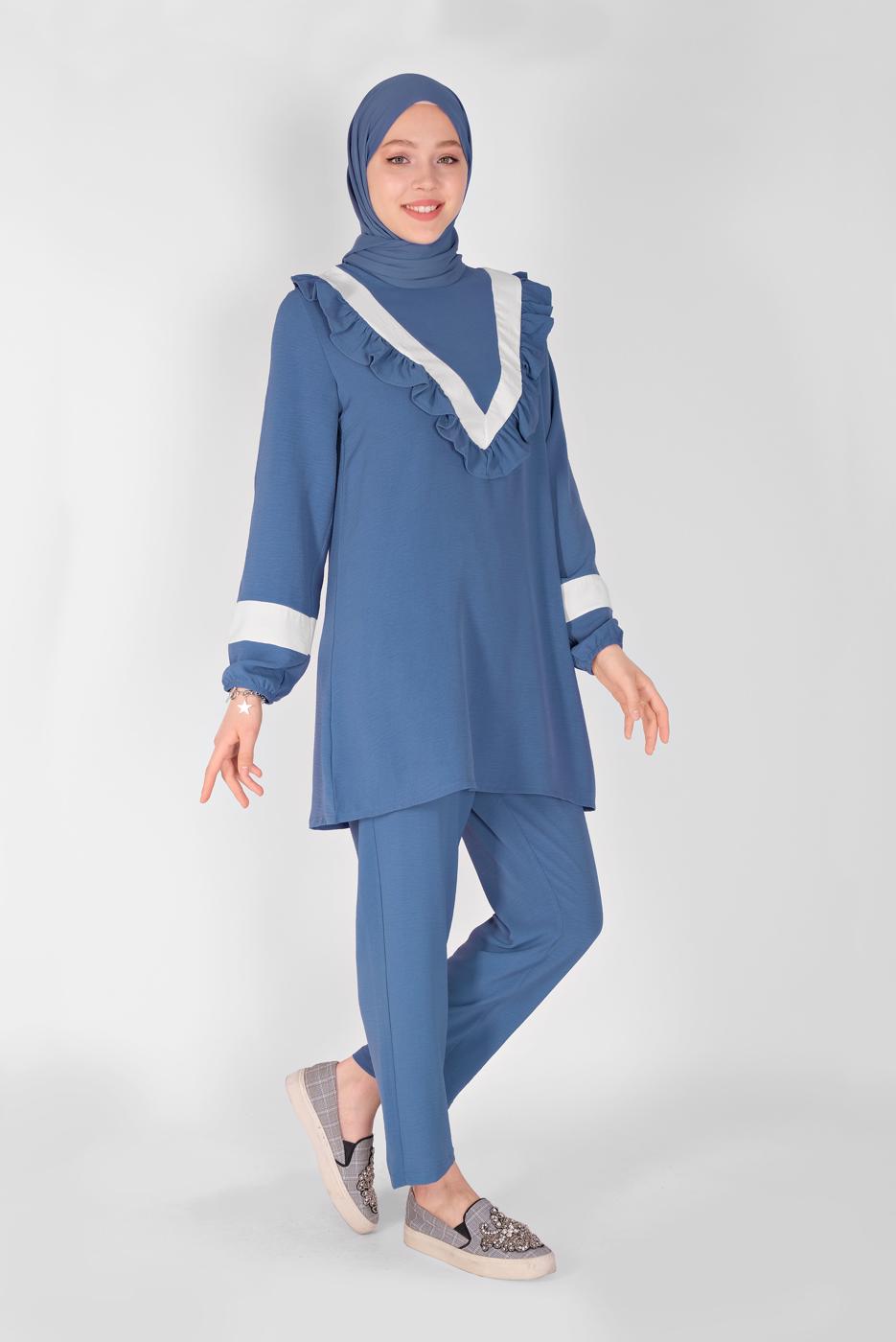 Tesettür giyim LACİVERT YAKASI FIRFIRLI İKİLİ PANTOLONLU TAKIM 7366