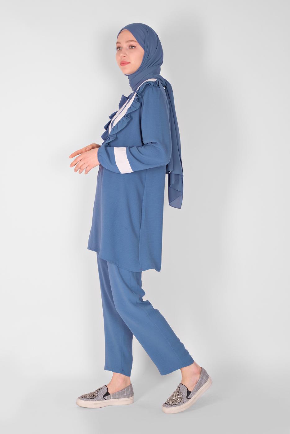 Tesettür giyim LACİVERT YAKASI FIRFIRLI İKİLİ PANTOLONLU TAKIM 7366