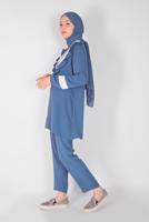 Tesettür giyim LACİVERT YAKASI FIRFIRLI İKİLİ PANTOLONLU TAKIM 7366