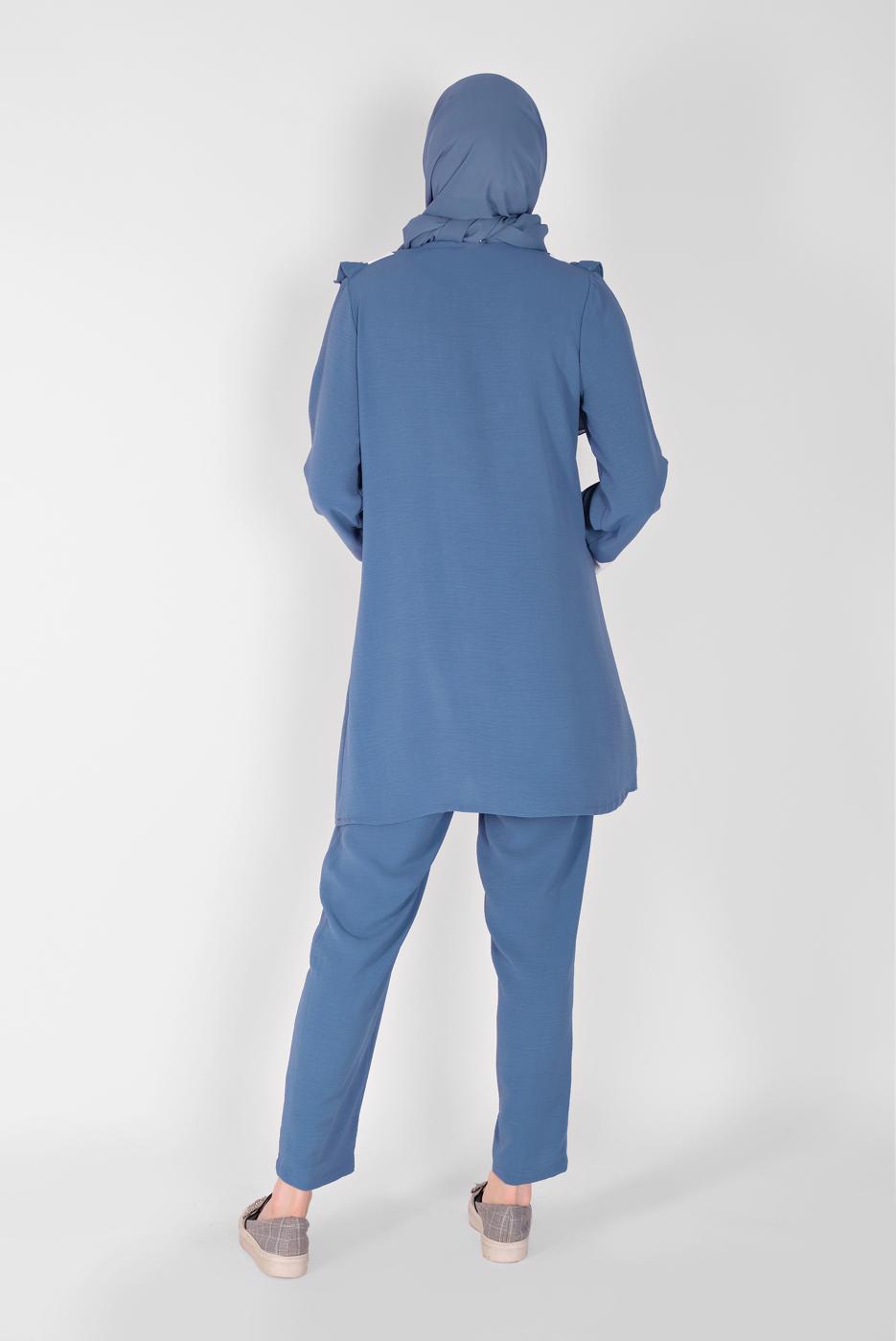 Tesettür giyim LACİVERT YAKASI FIRFIRLI İKİLİ PANTOLONLU TAKIM 7366