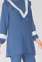 Tesettür giyim LACİVERT YAKASI FIRFIRLI İKİLİ PANTOLONLU TAKIM 7366