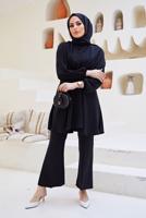 Tesettür giyim SİYAH MANŞETLERİ VE BELİ LASTİKLİ KUŞAKLI PANTOLONLU TAKIM 7500