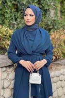 Tesettür giyim LACİVERT MANŞETLERİ VE BELİ LASTİKLİ KUŞAKLI PANTOLONLU TAKIM 7500