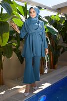 Tesettür giyim MAVİ MANŞETLERİ VE BELİ LASTİKLİ KUŞAKLI PANTOLONLU TAKIM 7500