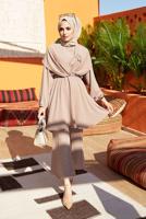 Tesettür giyim VİZON MANŞETLERİ VE BELİ LASTİKLİ KUŞAKLI PANTOLONLU TAKIM 7500