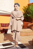 Tesettür giyim VİZON MANŞETLERİ VE BELİ LASTİKLİ KUŞAKLI PANTOLONLU TAKIM 7500
