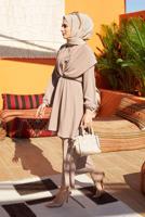 Tesettür giyim VİZON MANŞETLERİ VE BELİ LASTİKLİ KUŞAKLI PANTOLONLU TAKIM 7500