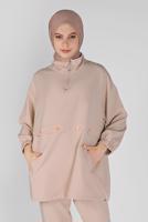 Hijab clothing BEIGE ZIPPERED PANTS SUIT WITH SMOCKING HEM 7607 