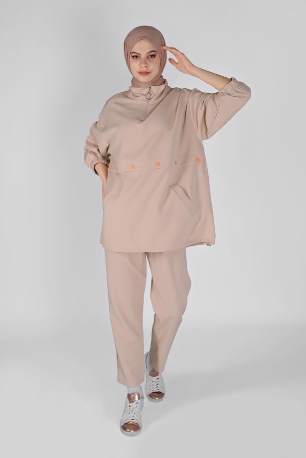 Hijab clothing  ZIPPERED PANTS SUIT WITH SMOCKING HEM 7607  - TRENDTESETTÜR
