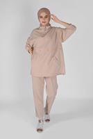 Hijab clothing BEIGE ZIPPERED PANTS SUIT WITH SMOCKING HEM 7607 
