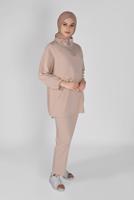 Hijab clothing BEIGE ZIPPERED PANTS SUIT WITH SMOCKING HEM 7607 