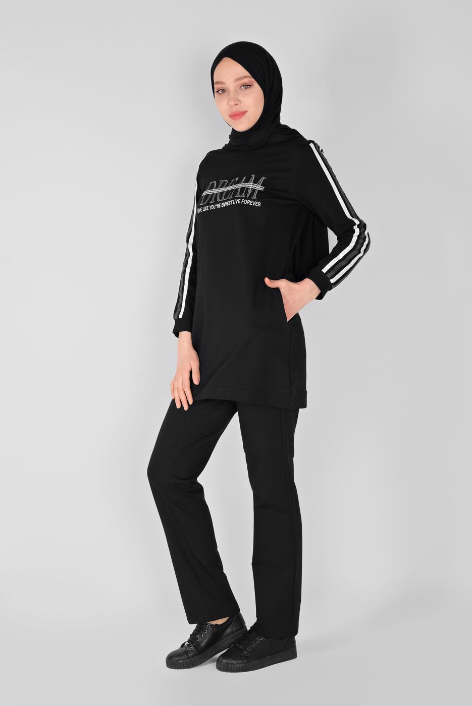 Tesettür giyim SİYAH NAKIŞ DETAYLI PANTOLONLU EŞOFMAN TAKIM 7619 