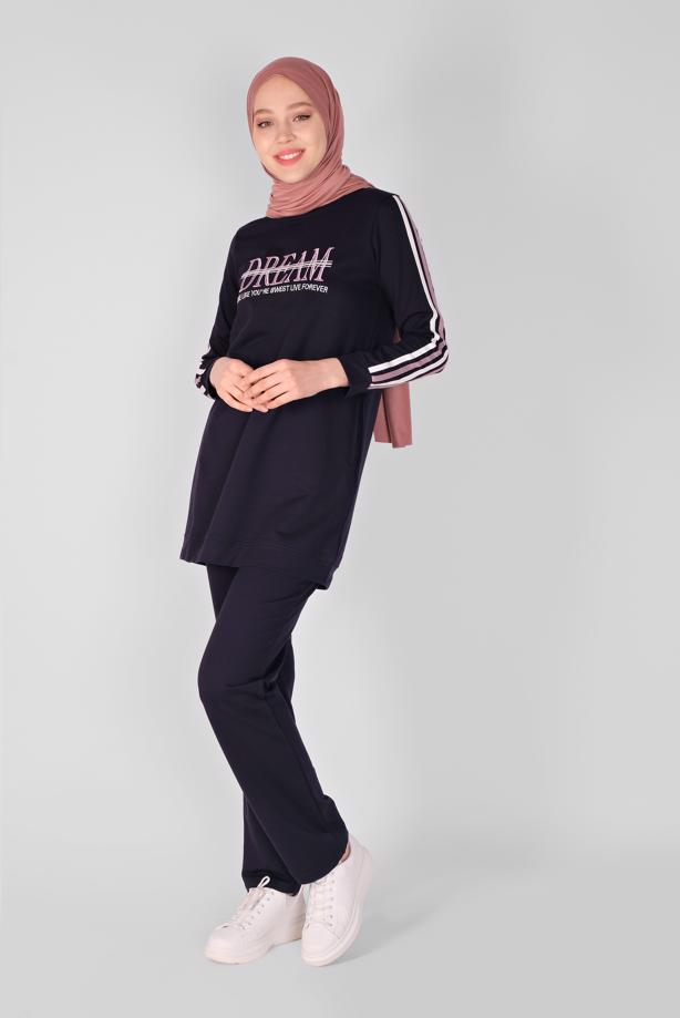 Vêtements hijab  EMBROIDERY DETAIL TRACKSUIT SET WITH PANTS  7619  - TRENDTESETTÜR