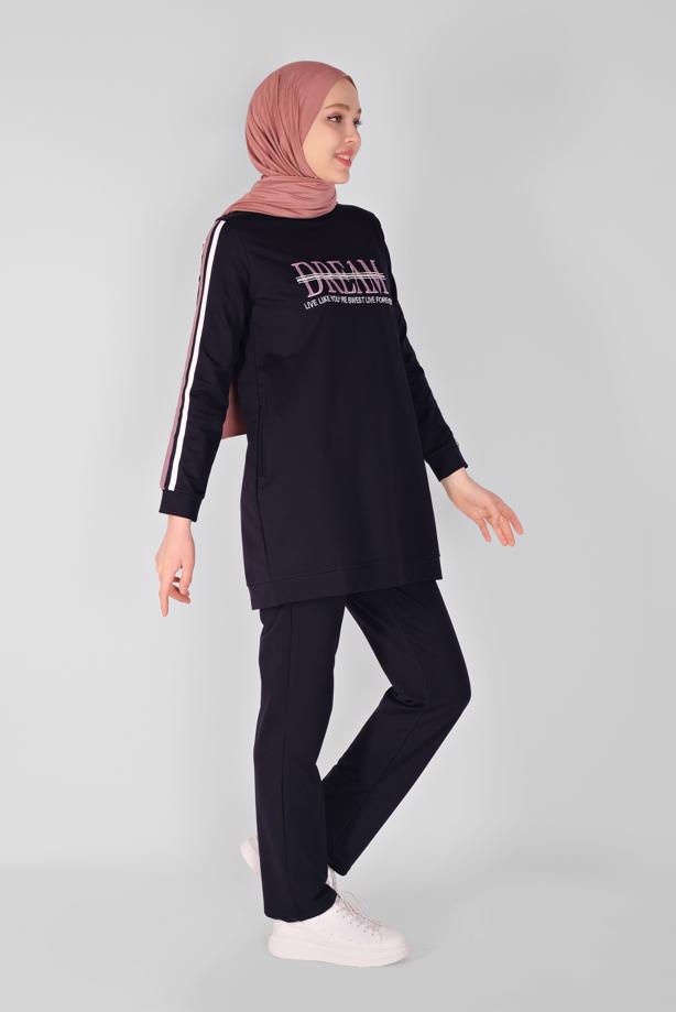 Vêtements hijab  EMBROIDERY DETAIL TRACKSUIT SET WITH PANTS  7619  - TRENDTESETTÜR