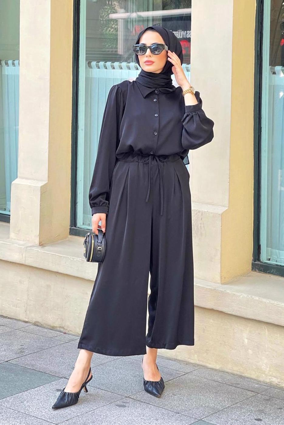 Tesettür giyim SİYAH ÖNDEN DÜĞMELİ PANTOLONLU TAKIM T 7810