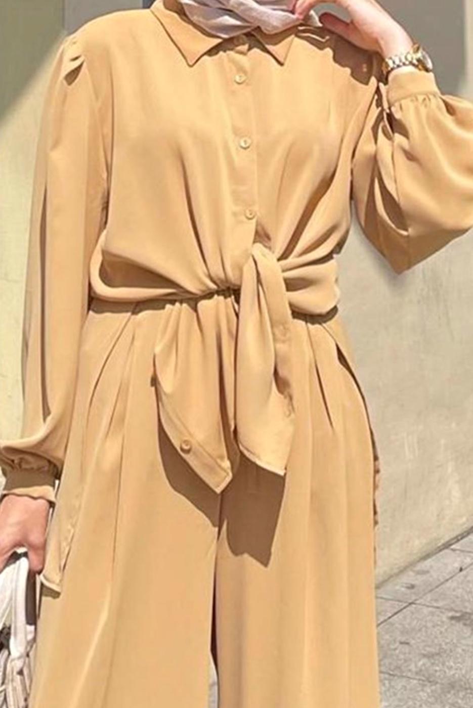 Tesettür giyim KAHVE ÖNDEN DÜĞMELİ PANTOLONLU TAKIM T 7810