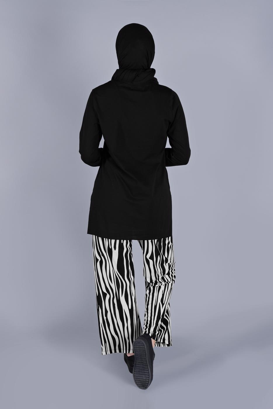 Tesettür giyim SİYAH ZEBRA DESENLİ PANTOLONLU TAKIM 7866 