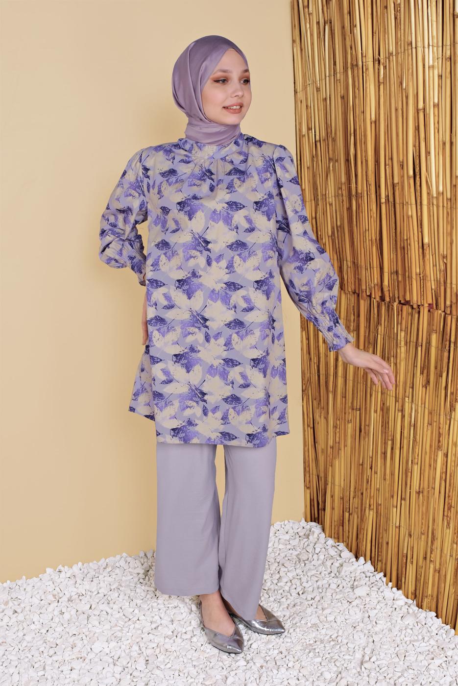 Tesettür giyim MOR YAPRAK DESENLİ İKİLİ PANTOLONLU TAKIM 8008