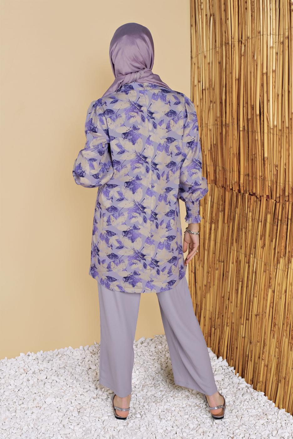 Tesettür giyim MOR YAPRAK DESENLİ İKİLİ PANTOLONLU TAKIM 8008