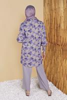 Tesettür giyim MOR YAPRAK DESENLİ İKİLİ PANTOLONLU TAKIM 8008