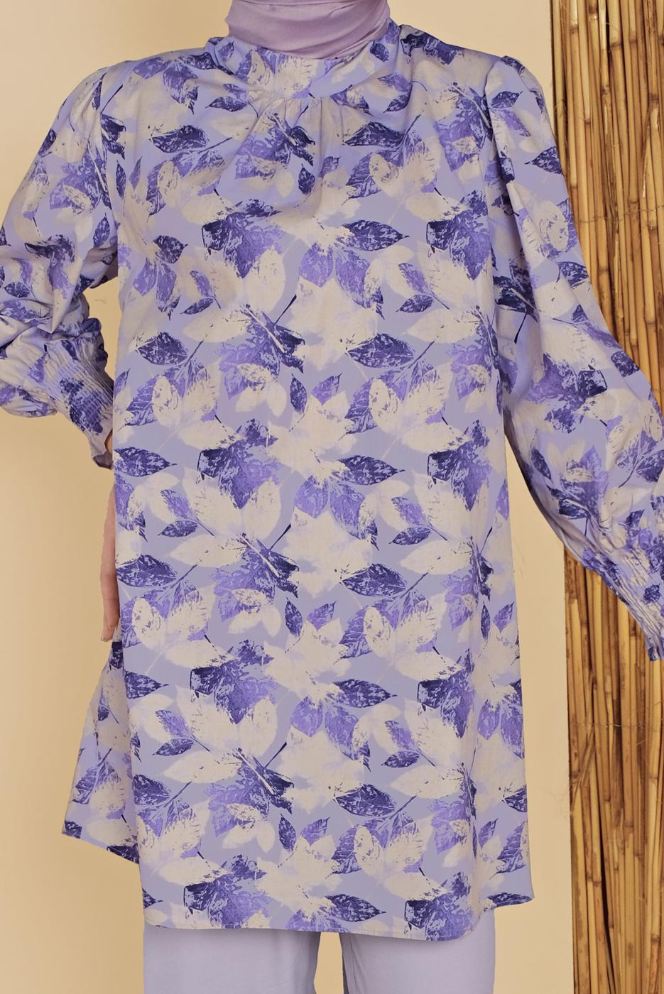 Tesettür giyim MOR YAPRAK DESENLİ İKİLİ PANTOLONLU TAKIM 8008