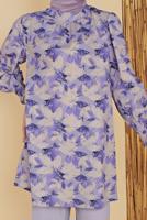 Tesettür giyim MOR YAPRAK DESENLİ İKİLİ PANTOLONLU TAKIM 8008