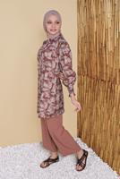 Tesettür giyim KAHVE YAPRAK DESENLİ İKİLİ PANTOLONLU TAKIM 8008