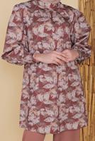 Tesettür giyim KAHVE YAPRAK DESENLİ İKİLİ PANTOLONLU TAKIM 8008