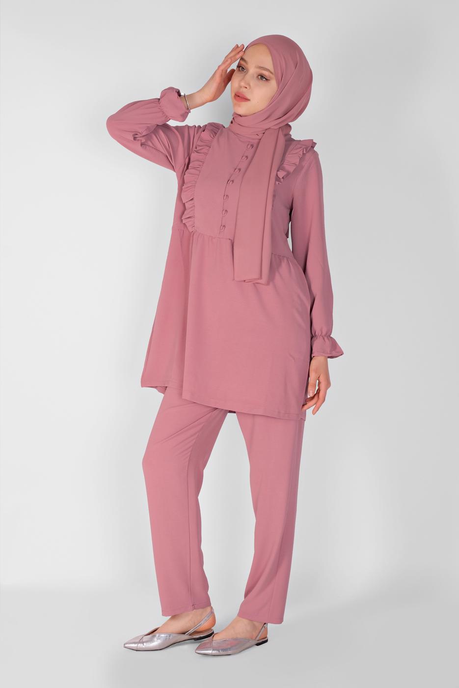Tesettür giyim PUDRA FIRFIRLI PANTOLONLU TAKIM  8366 