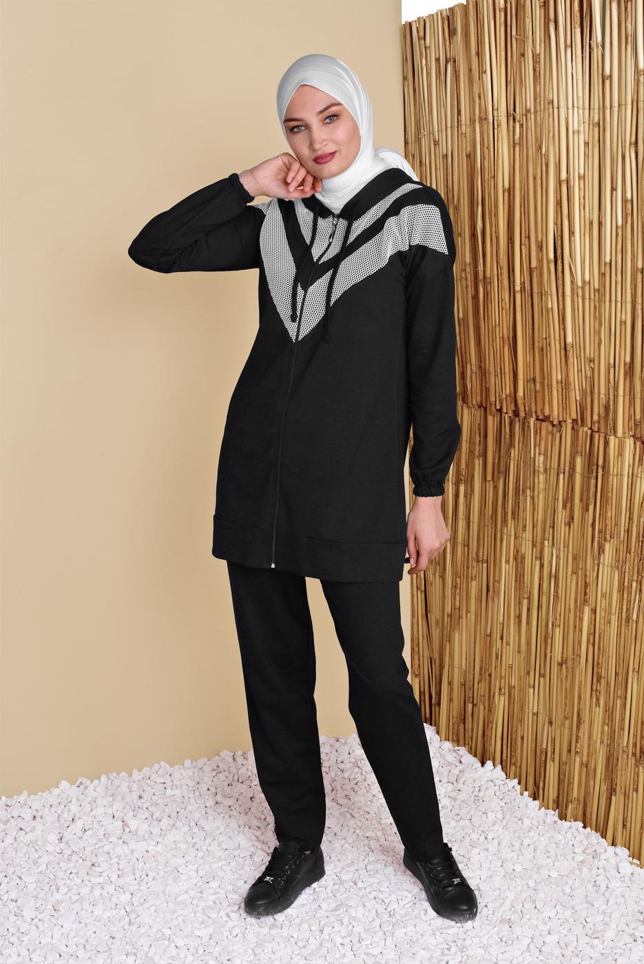 Tesettür giyim SİYAH FİLELİ PANTOLONLU EŞOFMAN TAKIM  8455 