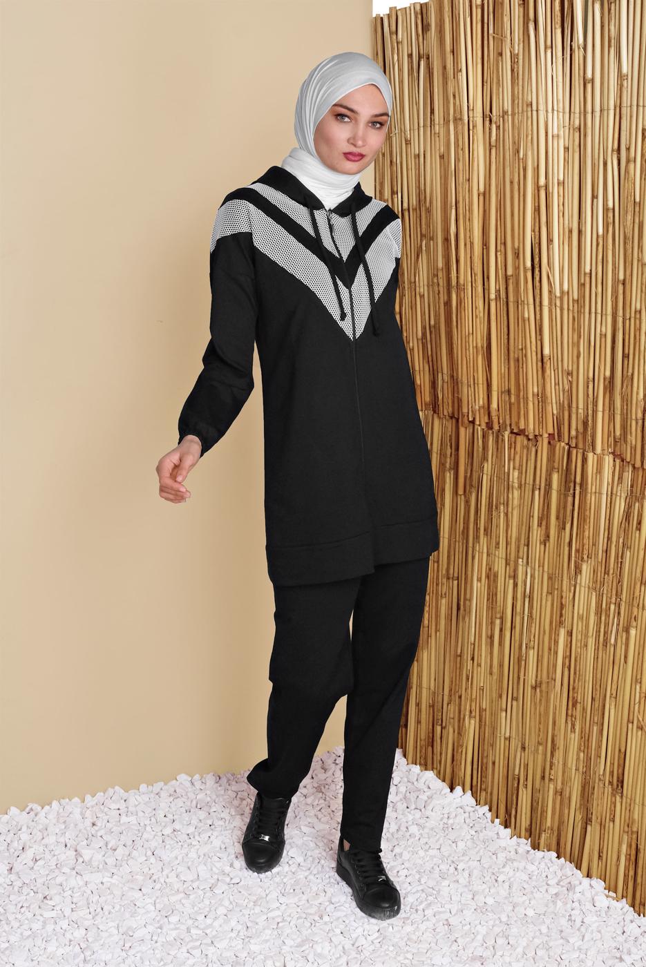 Tesettür giyim SİYAH FİLELİ PANTOLONLU EŞOFMAN TAKIM  8455 