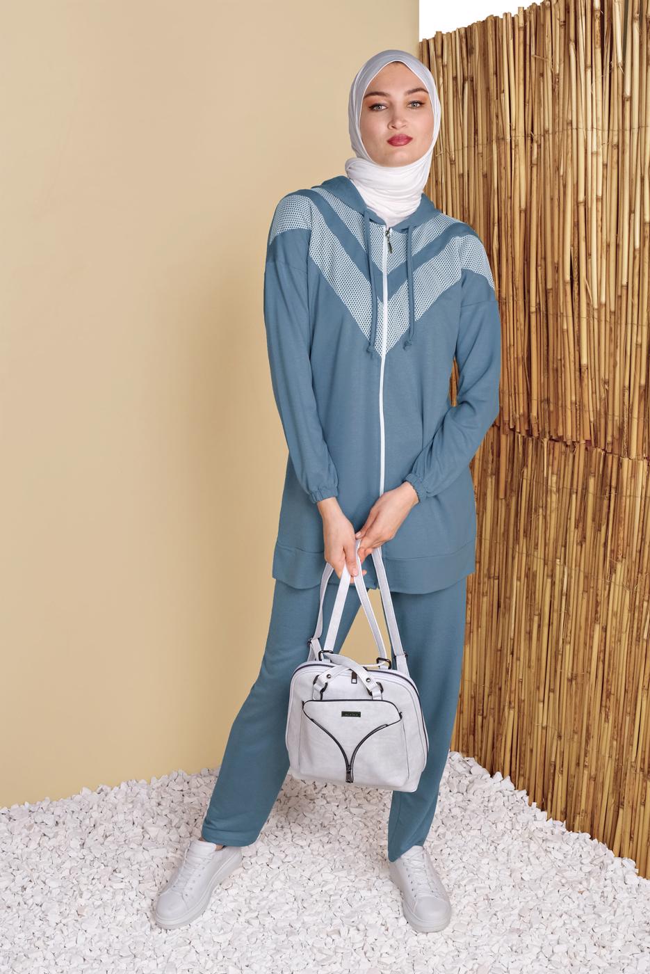 Tesettür giyim MAVİ FİLELİ PANTOLONLU EŞOFMAN TAKIM  8455 