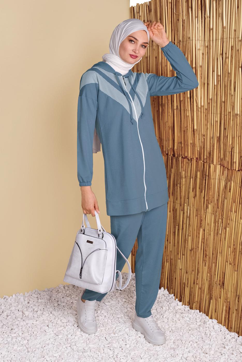 Tesettür giyim MAVİ FİLELİ PANTOLONLU EŞOFMAN TAKIM  8455 