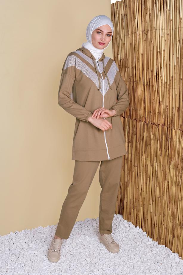 Vêtements hijab  MESH DETAIL TRACKSUIT SET WITH PANTS 8455  - TRENDTESETTÜR