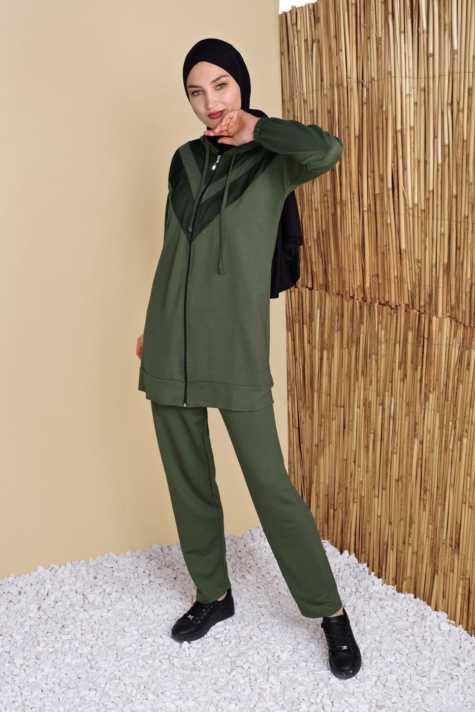 Tesettür giyim HAKİ FİLELİ PANTOLONLU EŞOFMAN TAKIM  8455 