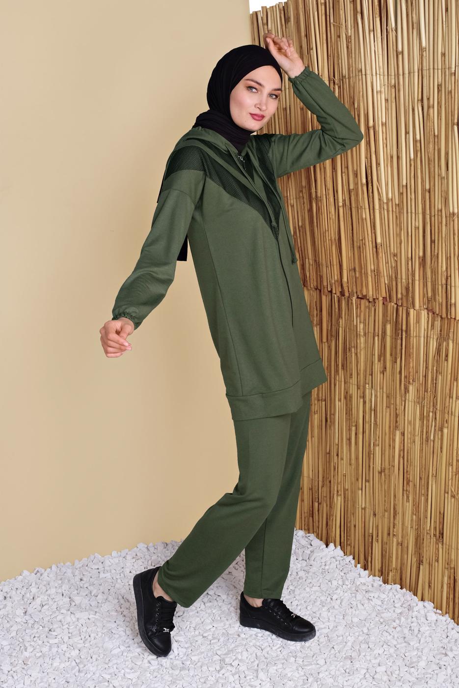 Tesettür giyim HAKİ FİLELİ PANTOLONLU EŞOFMAN TAKIM  8455 