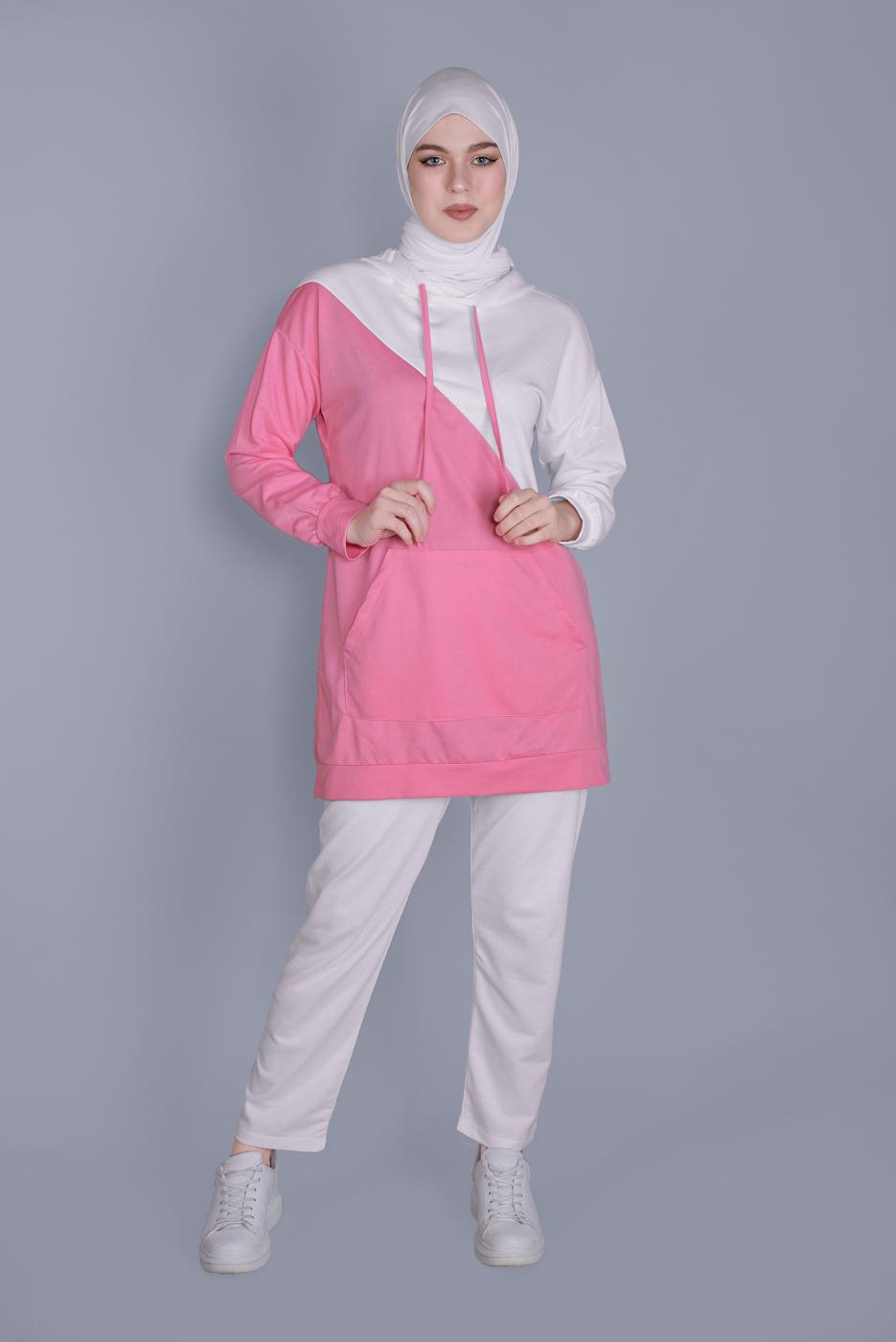 Tesettür giyim BEYAZ İKİ RENK KOMBİNLİ PANTOLONLU TAKIM  8766 