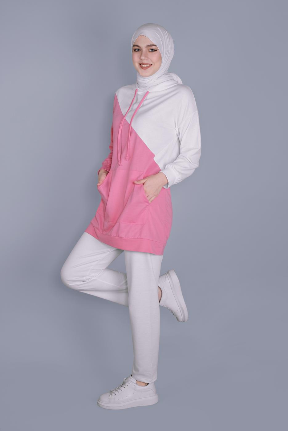 Tesettür giyim BEYAZ İKİ RENK KOMBİNLİ PANTOLONLU TAKIM  8766 