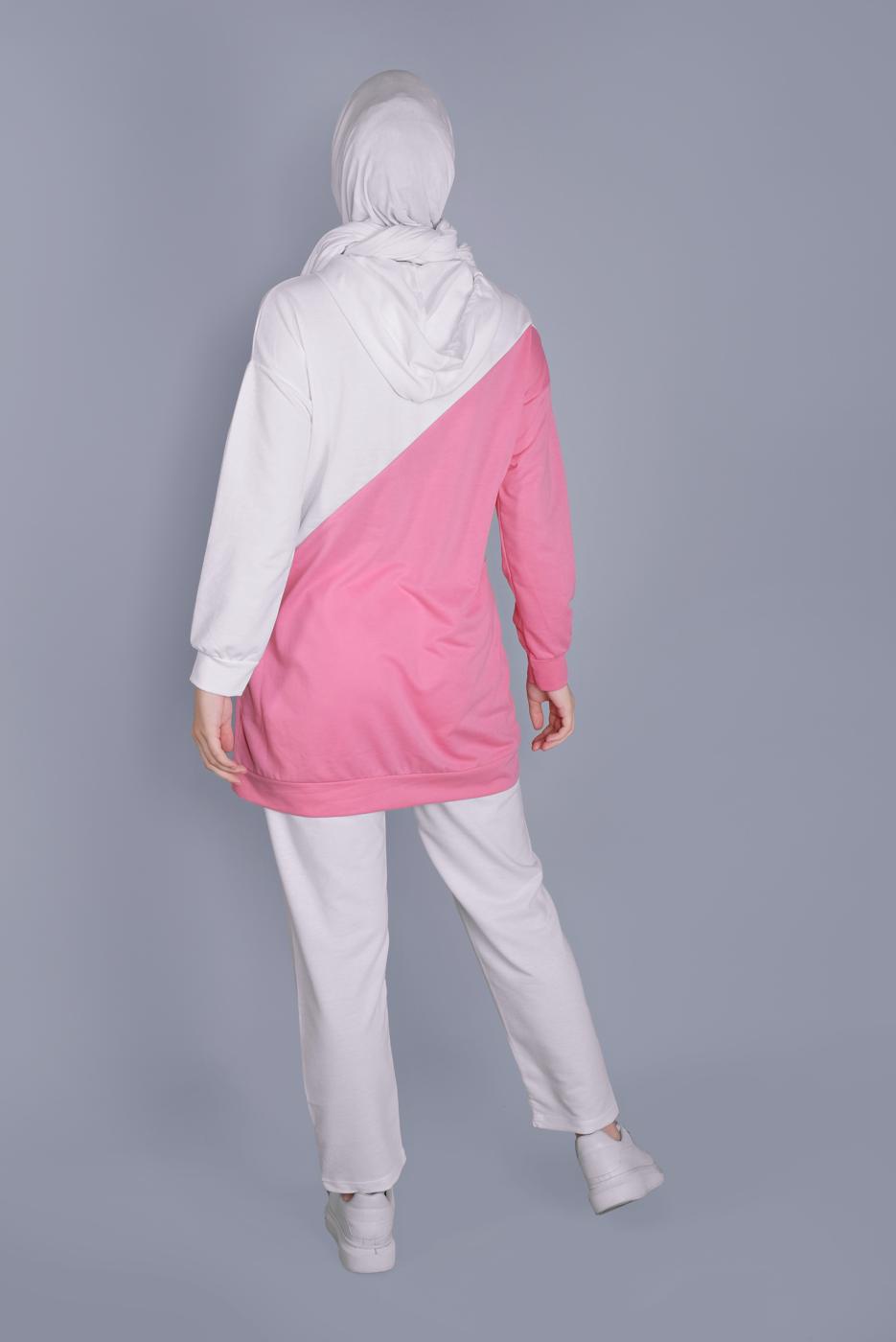 Tesettür giyim BEYAZ İKİ RENK KOMBİNLİ PANTOLONLU TAKIM  8766 