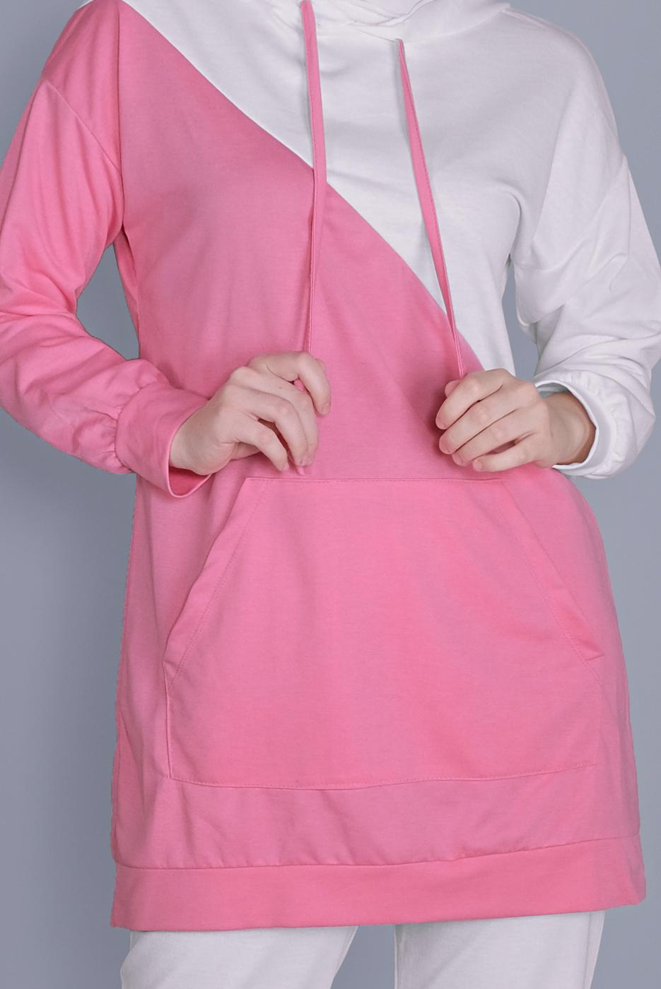 Tesettür giyim BEYAZ İKİ RENK KOMBİNLİ PANTOLONLU TAKIM  8766 