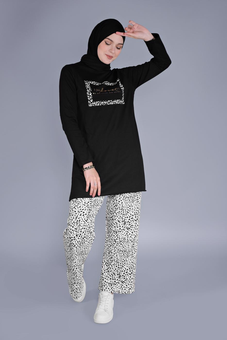 Tesettür giyim SİYAH LEOPAR DESENLİ İKİLİ PANTOLONLU TAKIM 8866 