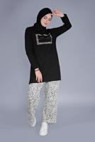 Tesettür giyim SİYAH LEOPAR DESENLİ İKİLİ PANTOLONLU TAKIM 8866 