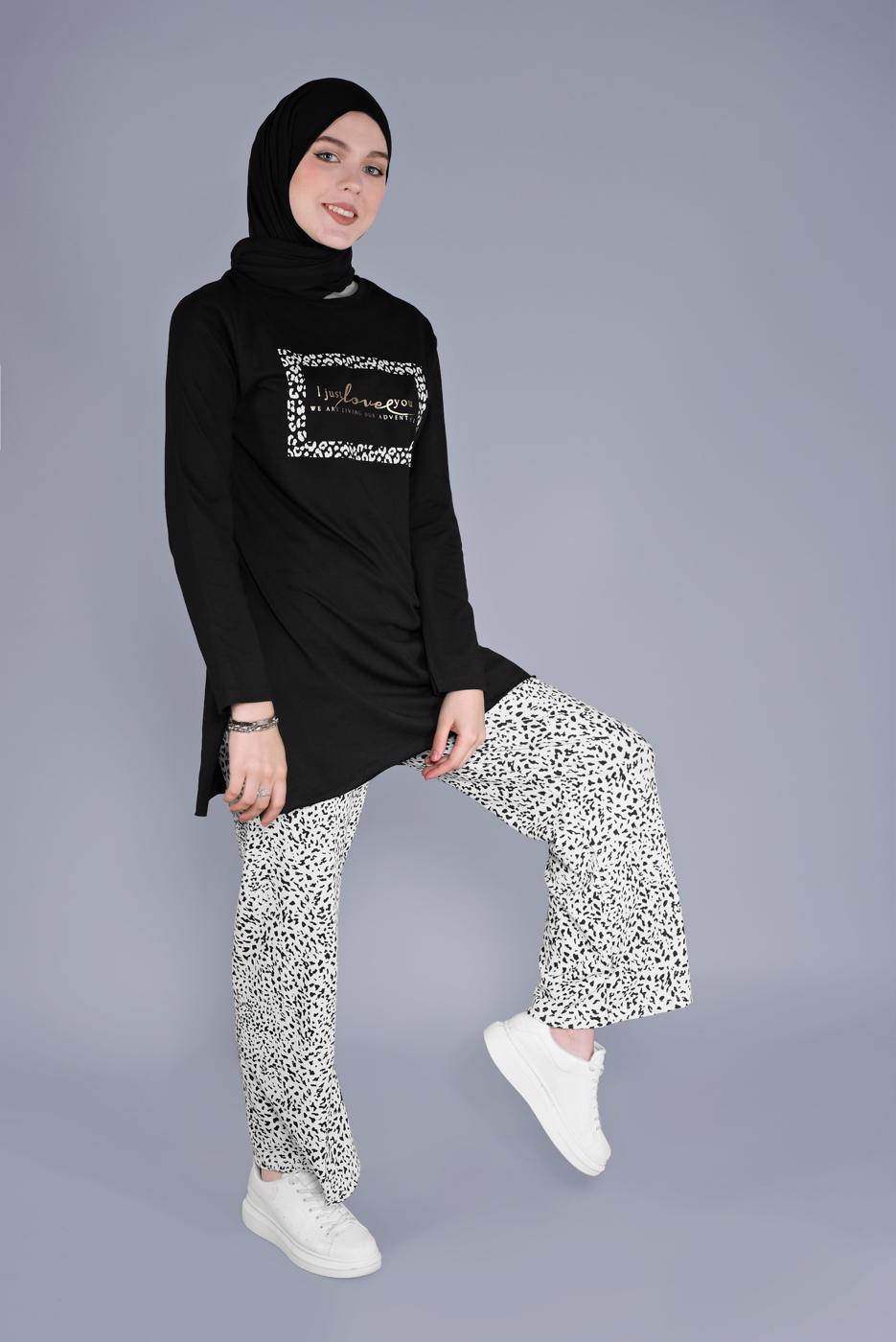 Tesettür giyim SİYAH LEOPAR DESENLİ İKİLİ PANTOLONLU TAKIM 8866 