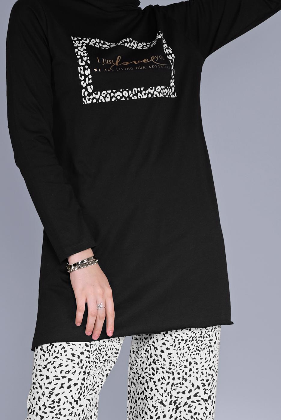 Tesettür giyim SİYAH LEOPAR DESENLİ İKİLİ PANTOLONLU TAKIM 8866 