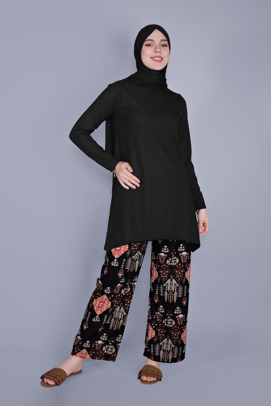 Hijab clothing BLACK ETHNIC PRINT SUIT WITH PANTS 9076