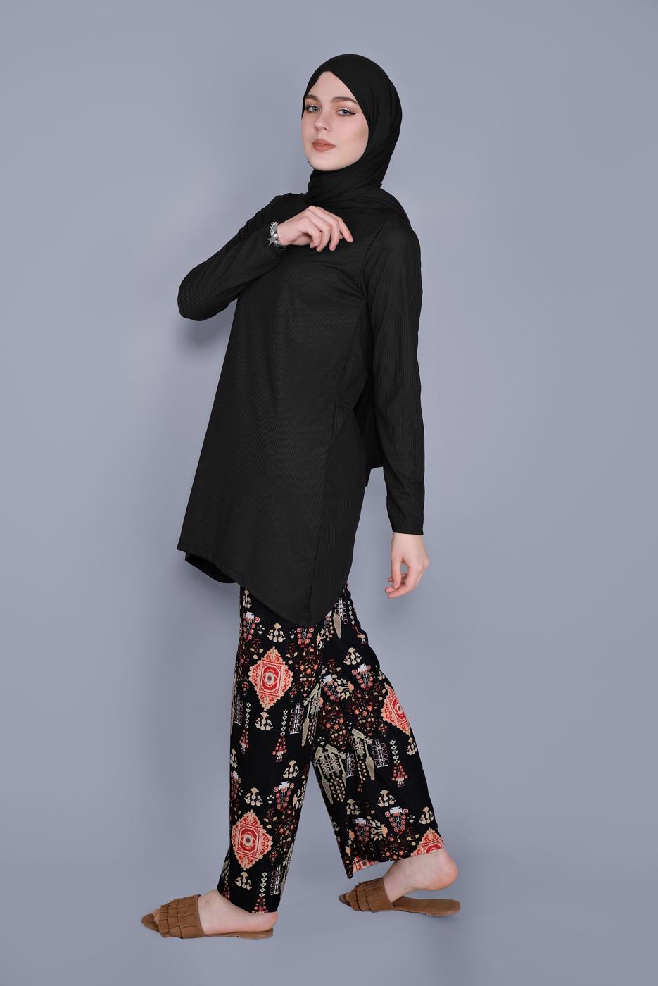 Hijab clothing BLACK ETHNIC PRINT SUIT WITH PANTS 9076