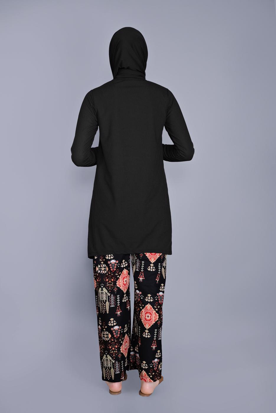 Hijab clothing BLACK ETHNIC PRINT SUIT WITH PANTS 9076